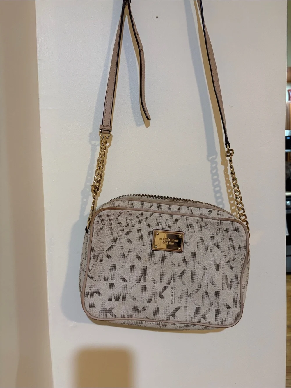 Michael Kors Beige Signature MK Monogram Crossbody Bag